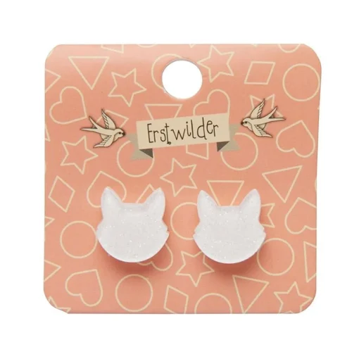 Erstwilder Cat Head Glitter Resin Stud Earrings - White* Essential Earrings
